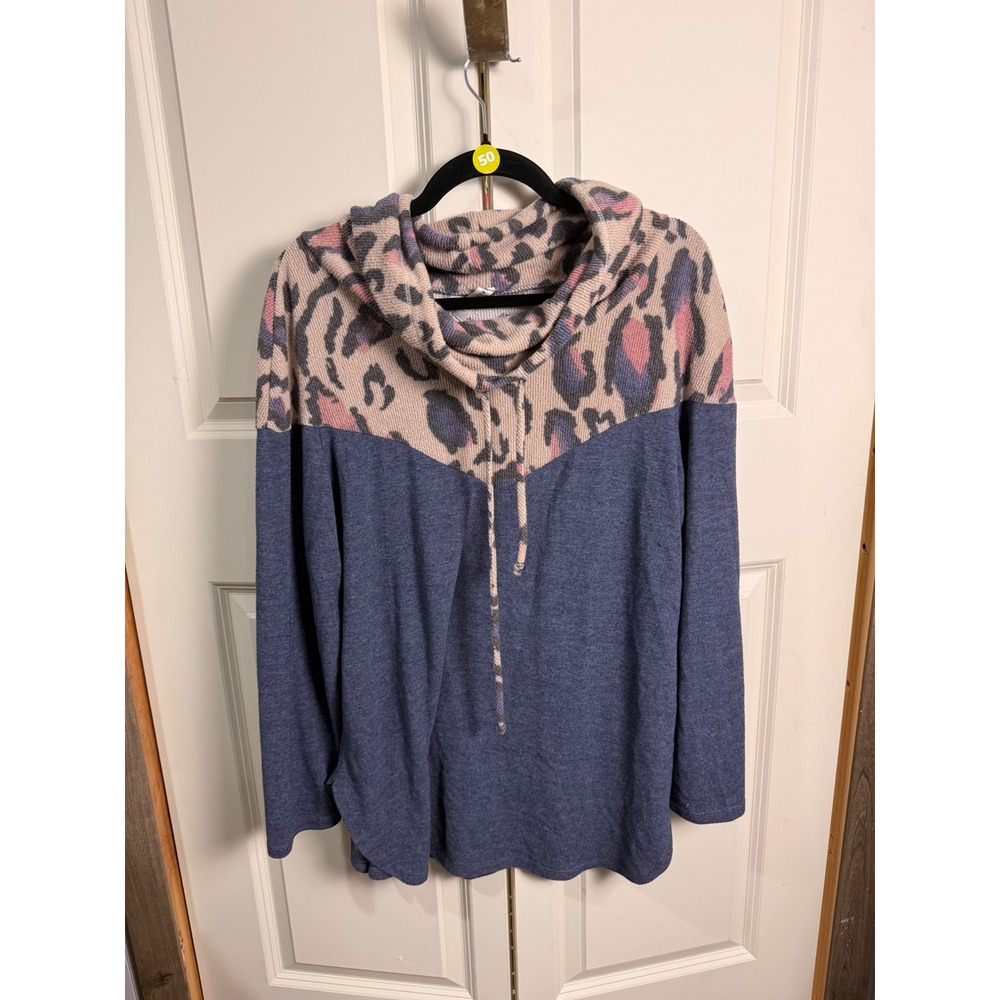 Emerald Women Blue Leopard Colorblock Cowl Neck Waffle Knit Pullover Top Large